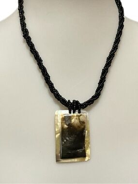 Mother of Pearl Shell Pendant Necklace Black Beaded Strand Bold Boho Indonesia